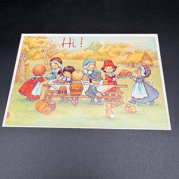 Vintage Thanksgiving Card American Greetings Pilgrim Kids Table Scene w Envelope - Picture 1 of 5